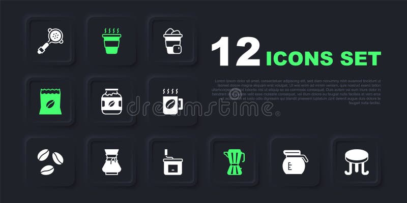 Set Coffee pot table jar bottle maker moca Bag coffee beans Pour over cup to go and Manual grinder icon. Vector. Set Coffee pot table jar bottle maker moca Bag coffee beans Pour over cup to go and Manual grinder icon. Vector.