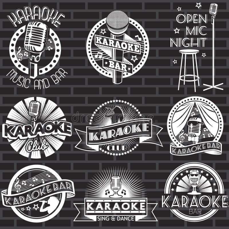 Set karaoke klubu bielu logowie z czarnym tłem i etykietki Wektorowe odznaki i majchery ilustracji Set karaoke klubu bielu logowie z czarnym tłem i etykietki Wektorowe odznaki i majchery ilustracji