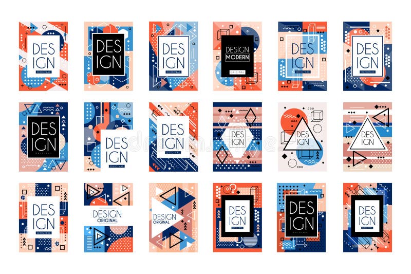 Set karty z kolorowym jaskrawym abstrakcjonistycznym geometrycznym projektem z miejscem dla teksta Memphis styl Eleganccy powitan ilustracji