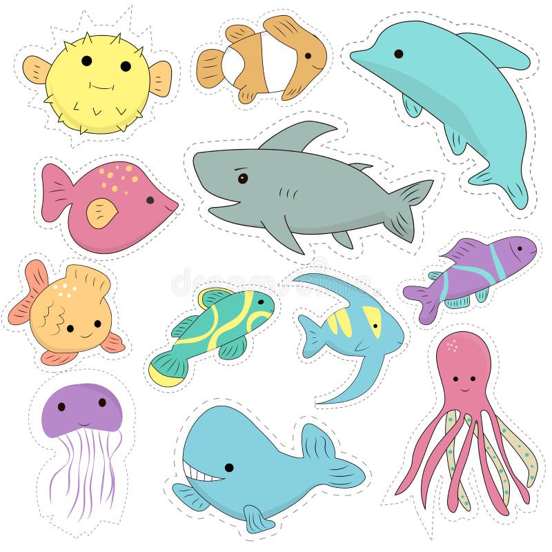 Set kawaii istot morskie łaty ilustracji Set kawaii istot morskie łaty ilustracji