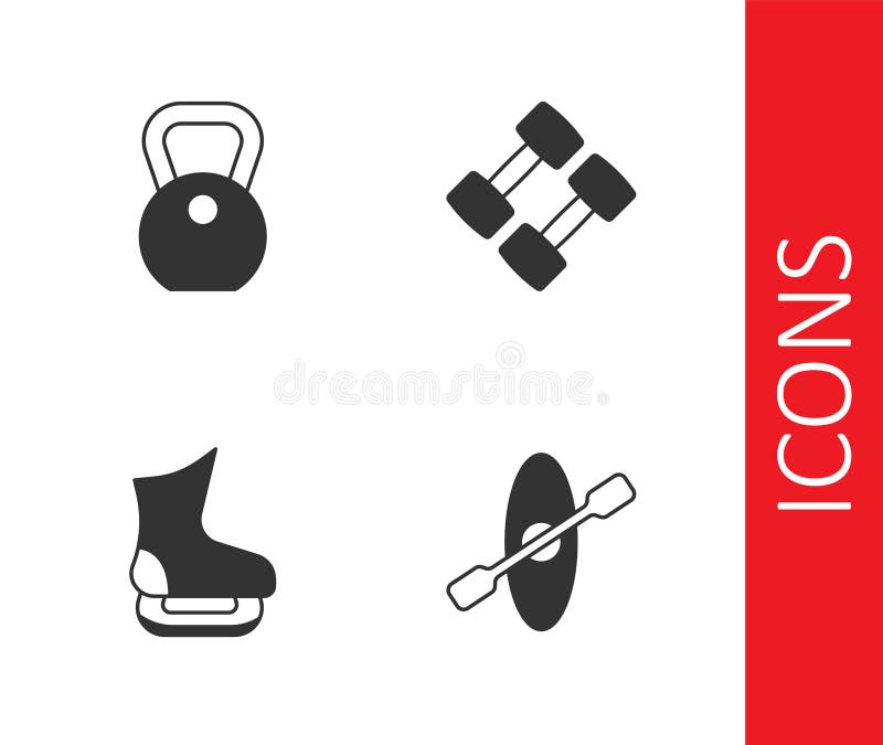 Set Kayak and Paddle, Weight, Skates and Dumbbell Icon. Vector Stock