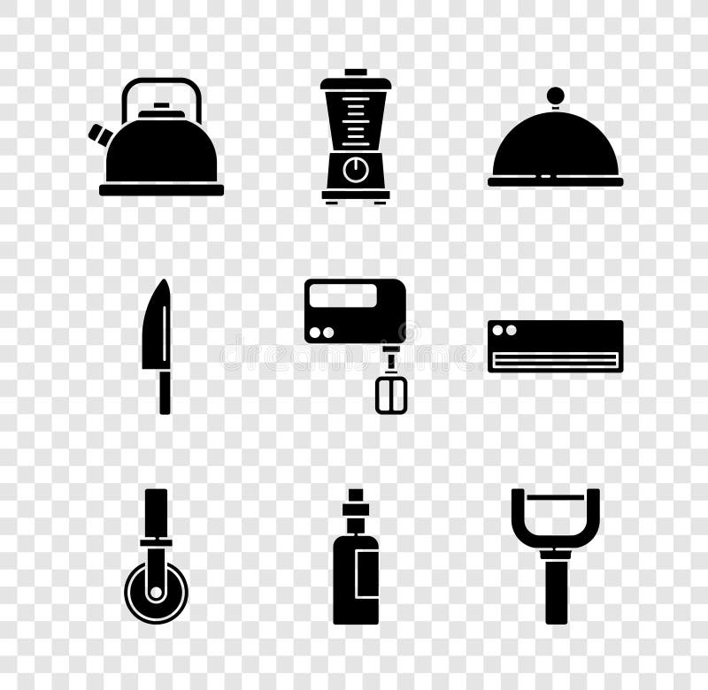 Set Kettle with handle, Blender, Covered tray, Pizza knife, Bottle of olive oil, Peeler, Knife and Electric mixer icon vector illustration