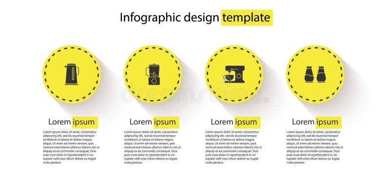 Set Kettle with handle, Blender, Electric mixer and Salt pepper. Business infographic template. Vector stock illustration