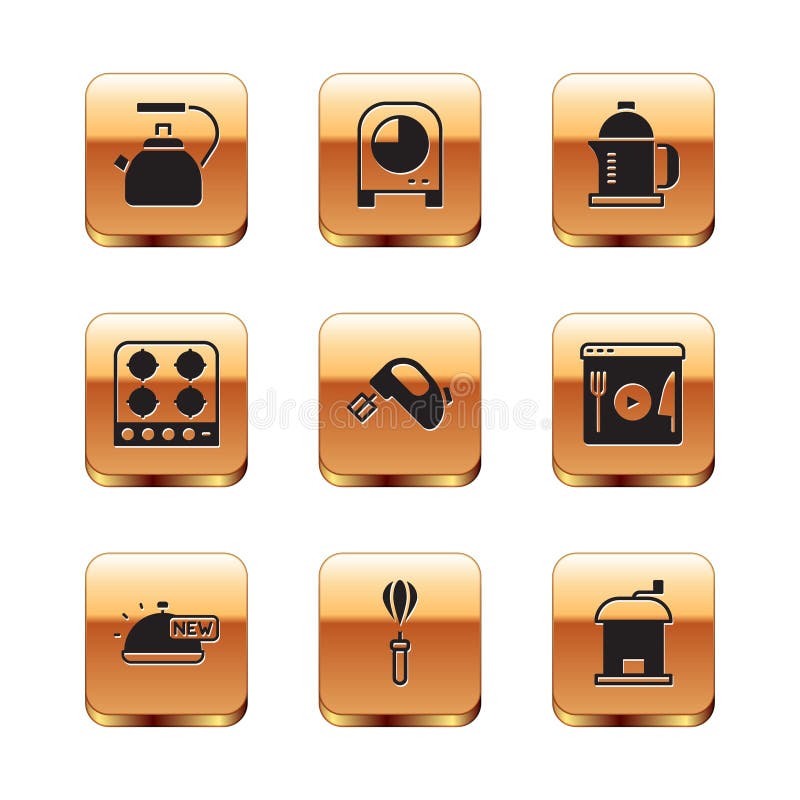 Set Kettle with handle, Covered tray of food, Kitchen whisk, Electric mixer, Gas stove, French press, Manual coffee stock illustration