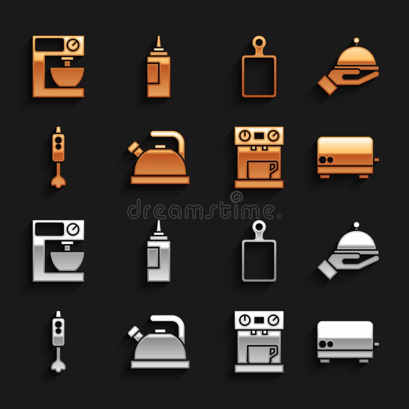 Set Kettle with handle, Covered tray, Toaster, Coffee machine, Blender, Cutting board, Electric mixer and Sauce bottle stock illustration