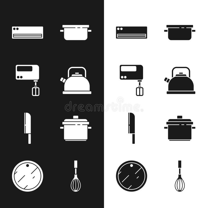 Set Kettle with handle, Electric mixer, Air conditioner, Cooking pot, Knife, Kitchen whisk and Cutting board icon vector illustration