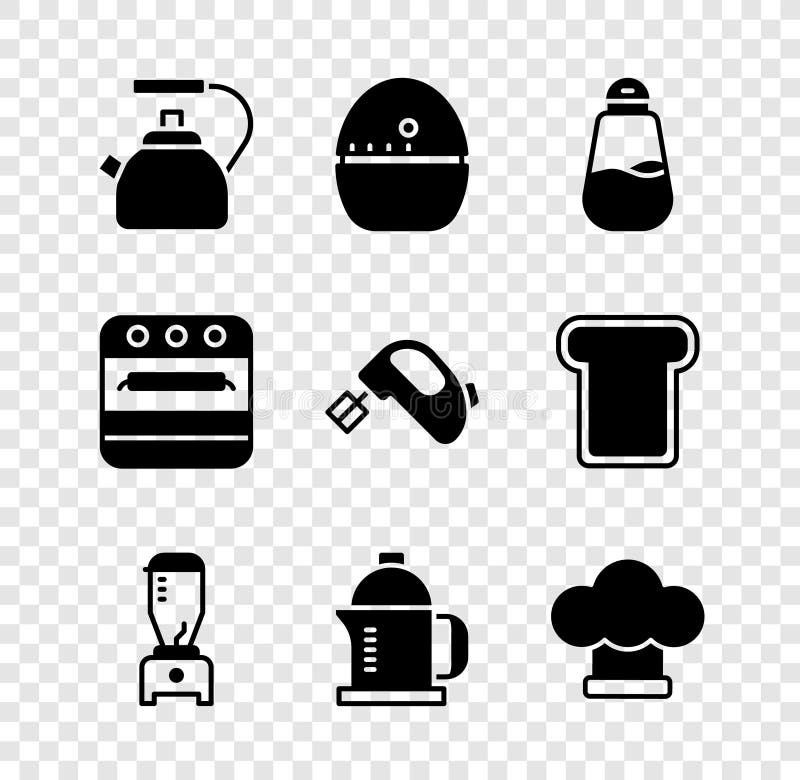 Set Kettle with handle, Kitchen timer, Salt, Blender, French press, Chef hat, Oven and Electric mixer icon. Vector royalty free illustration