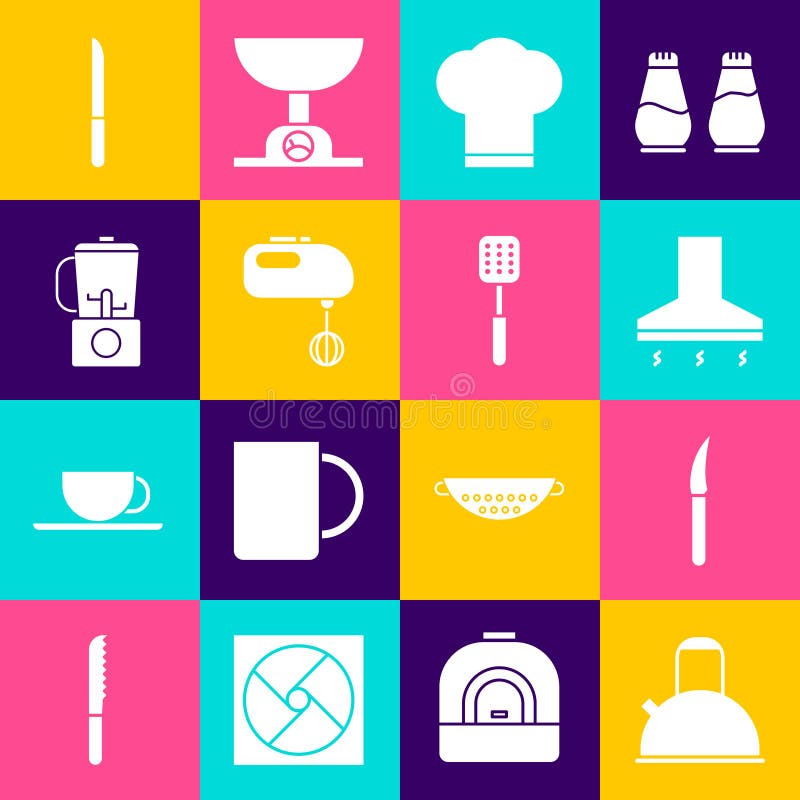 Set Kettle with handle, Knife, Kitchen extractor fan, Chef hat, Electric mixer, Blender, and Spatula icon. Vector royalty free illustration
