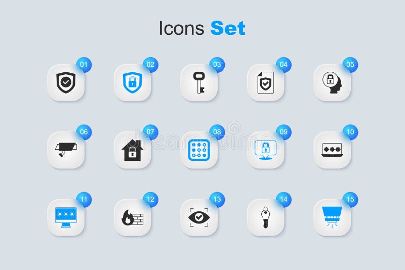 Set Key, House under protection, Shield security with lock, Monitor password, Fire sprinkler system, Laptop, check mark stock illustration