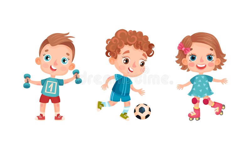 Kids doing sports exercises set vector illustration. Cartoon cute happy boy  girl run, child play football soccer, baseball and tennis, jump rope,  active young children characters isolated on white Stock Vector Image