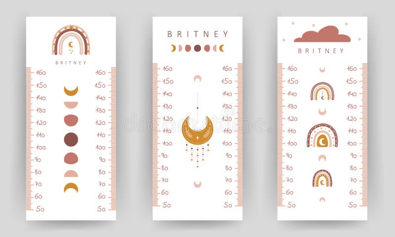 Set of kids height chart. Meter wall with cute boho rainbow and moon. Vector illustration in doodle cartoon style