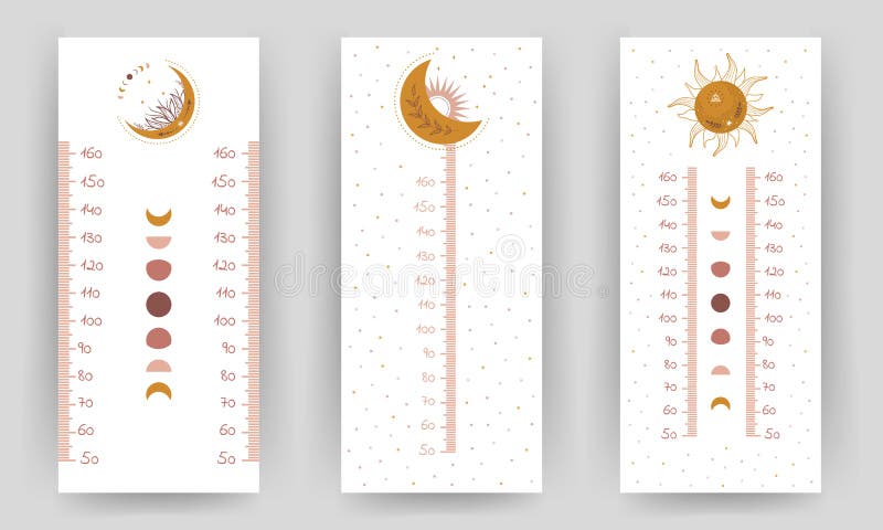 Set of kids height chart. Meter wall with cute boho sun and moon. Vector illustration in doodle cartoon style. Childish