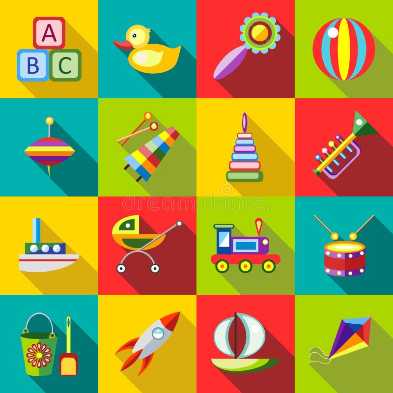 Icons Pyramid of Toys in the Flat Style. Vector Image on a Round