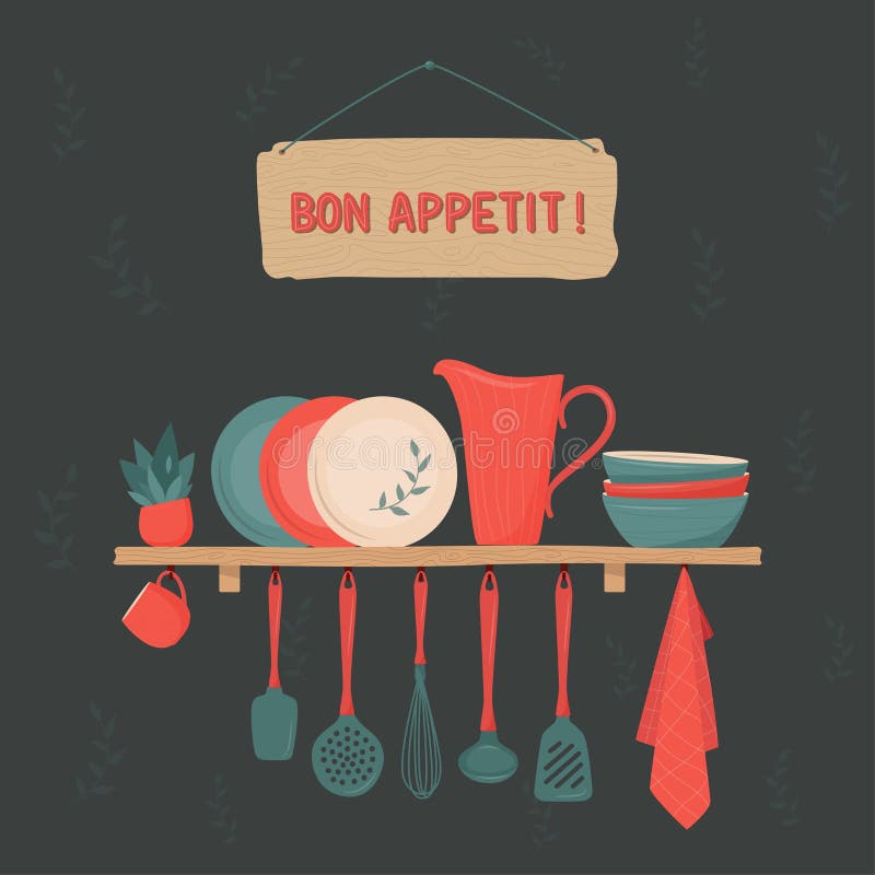 Set of Kitchen Accessory on Shelves and Bon Appetit Sign on Dark