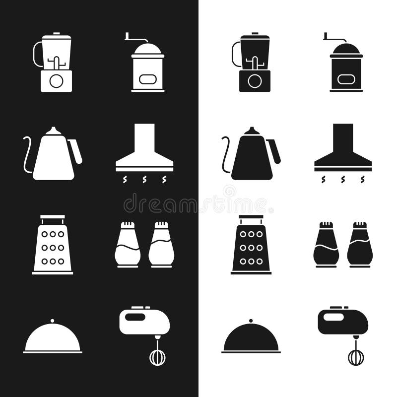 Set Kitchen extractor fan, Kettle with handle, Blender, Manual coffee grinder, Grater, Salt pepper, Electric mixer and vector illustration