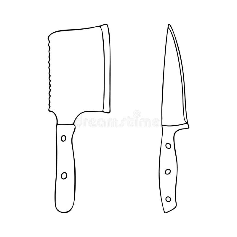 https://thumbs.dreamstime.com/b/set-kitchen-knives-versatile-chef-s-knife-axe-kitchen-tools-drawn-doodle-style-black-white-image-182281584.jpg