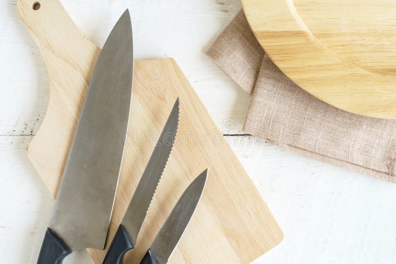 Set of Kitchen Knives on Wooden Cutting Board Stock Image Image of