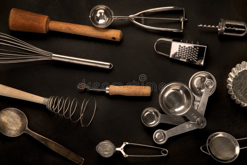 Set of Kitchen Utensils on Black Background. Tools for Cooking Stock Image Image of black