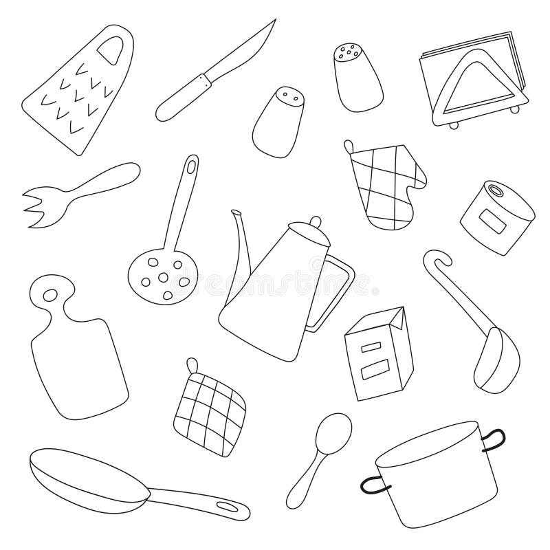 https://thumbs.dreamstime.com/b/set-kitchen-utensils-food-packaging-black-white-vector-illustration-coloring-book-280472709.jpg