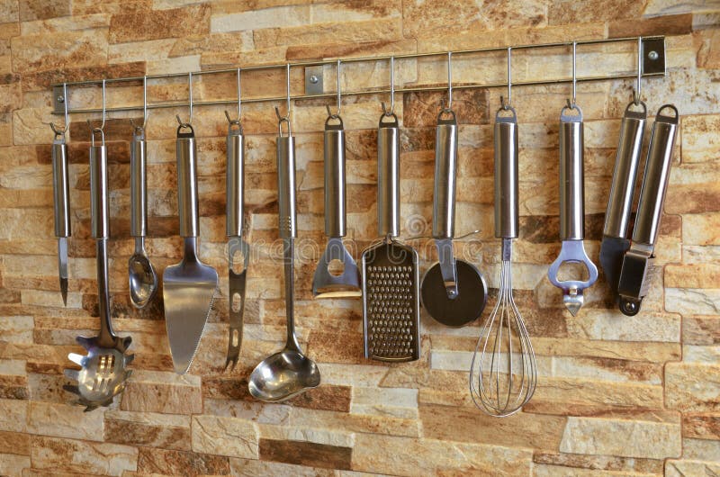 Set of Kitchen Utensils Hanging on the Wall Stock Photo Image of home