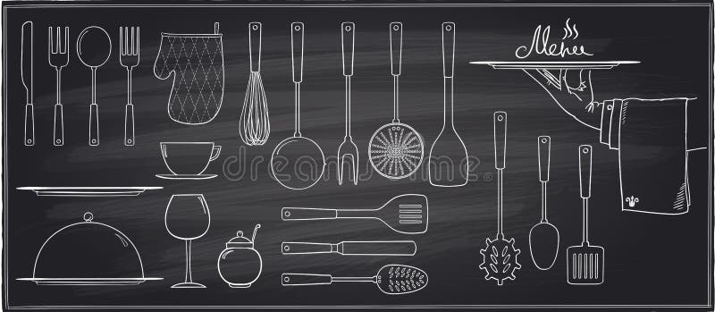 Set of kitchen utensils and tableware on a chalkboard