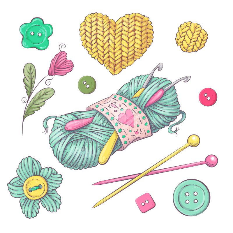 A Set of Knitted Clothes Clew Knitting Needles. Hand Drawing Stock Vector Illustration of