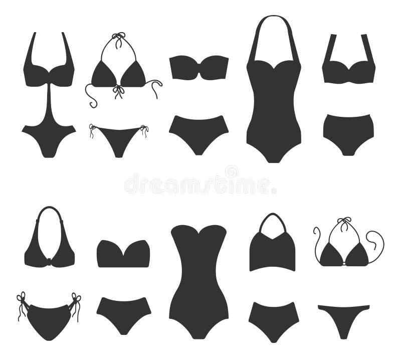 Set kobiety swimsuit ikony odizolowywać na białym tle Bikini kostiumów kąpielowych sylwetki dla pływać Moda bikini