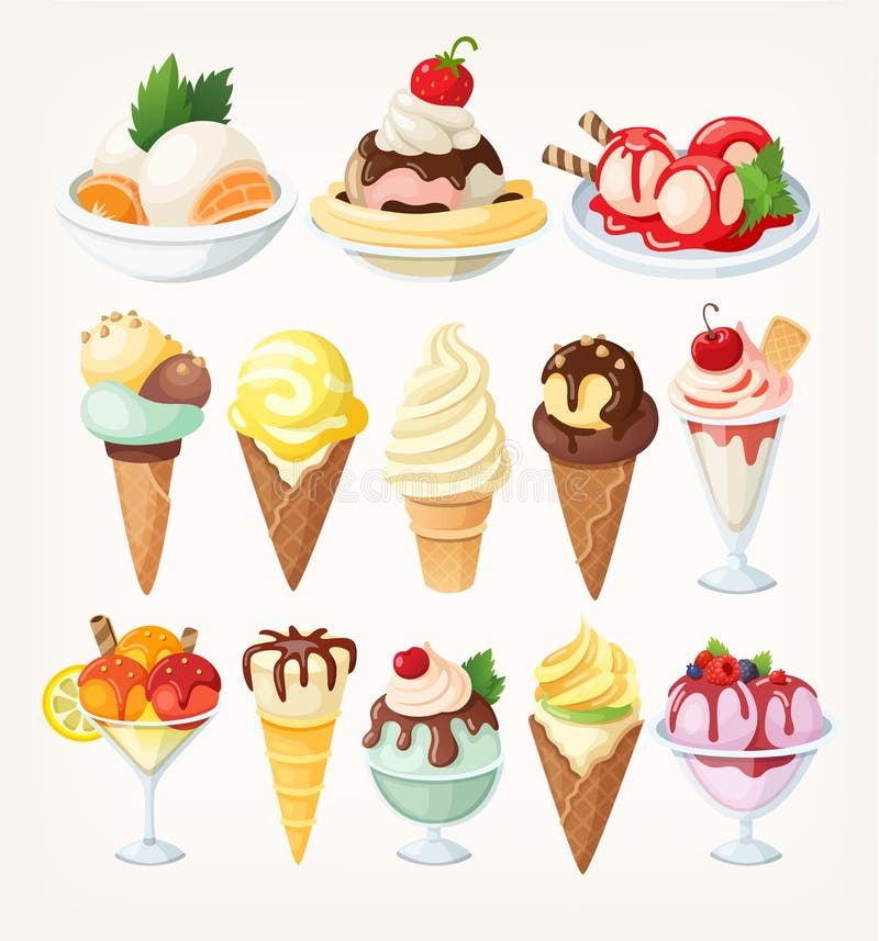 Set kolorowi lody w szkłach i w gofrów rożkach i filiżankach ilustracji Set kolorowi lody w szkłach i w gofrów rożkach i filiżankach ilustracji