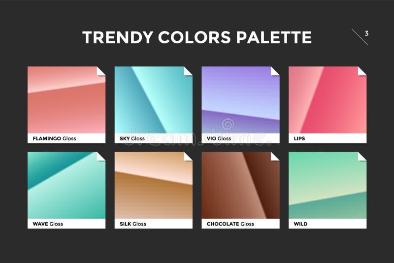 Set of colorful trendy gradient template. Collection palette of color metallic gradient illustrations with gloss for backgrounds, textures. Trendy colors palettes of new season. Vector Illustration. Set of colorful trendy gradient template. Collection palette of color metallic gradient illustrations with gloss for backgrounds, textures. Trendy colors palettes of new season. Vector Illustration
