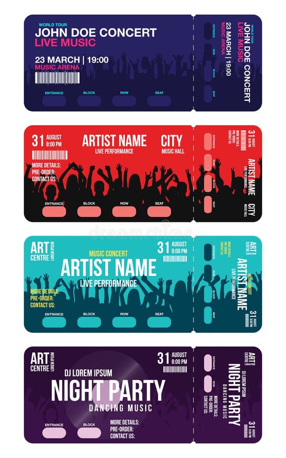 Set of concert ticket templates. Concert, party or festival ticket design template with people crowd on background, Creative ticket mockup for entrance to event. Vector. Set of concert ticket templates. Concert, party or festival ticket design template with people crowd on background, Creative ticket mockup for entrance to event. Vector