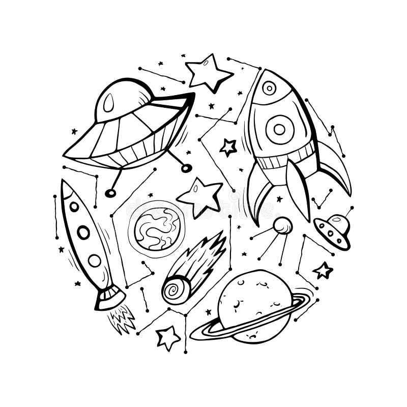Set konturowe dziecko ilustracje gwiazdy, statki kosmiczni i UFOs, royalty ilustracja Set konturowe dziecko ilustracje gwiazdy, statki kosmiczni i UFOs, royalty ilustracja