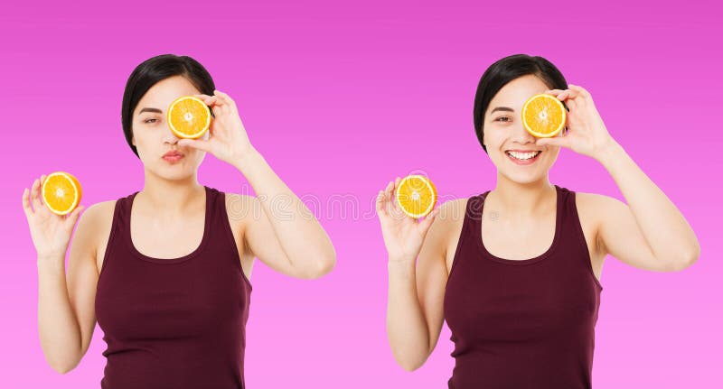 Set korean,asian woman holding pieces of oranges isolated on purple background, skin care cosmetic concept, copy space,banner stock photo Set korean,asian woman holding pieces of oranges isolated on purple background, skin care cosmetic concept, copy space,banner stock photo