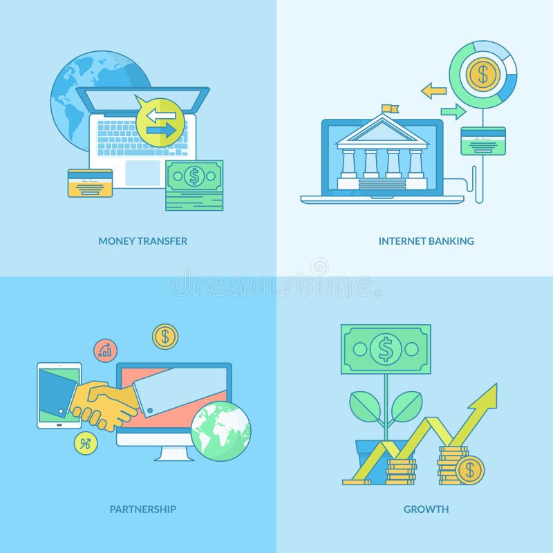 Set of line concept icons with flat design elements. Icons for business, finance, banking, internet banking. Set of line concept icons with flat design elements. Icons for business, finance, banking, internet banking.