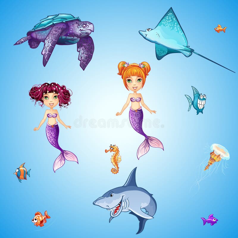 Set kreskówka podwodni mieszkanowie, syrenki, ryba, czaszki i inny, royalty ilustracja Set kreskówka podwodni mieszkanowie, syrenki, ryba, czaszki i inny, royalty ilustracja