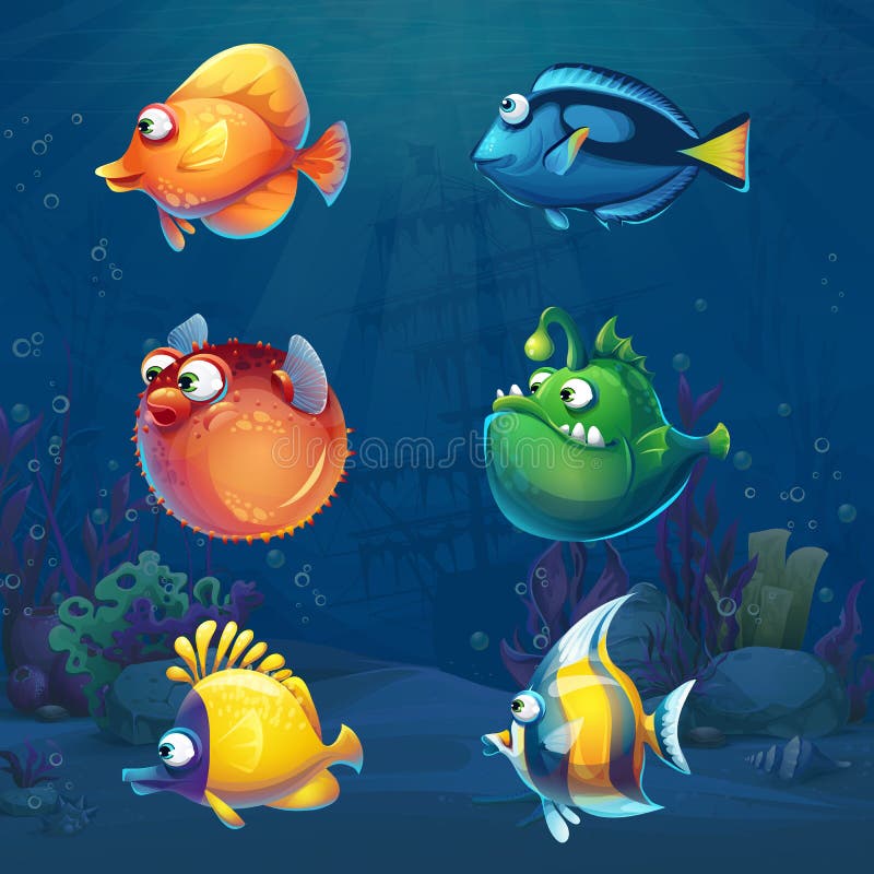 Set kreskówki śmieszna ryba w podwodnym świacie royalty ilustracja Set kreskówki śmieszna ryba w podwodnym świacie royalty ilustracja