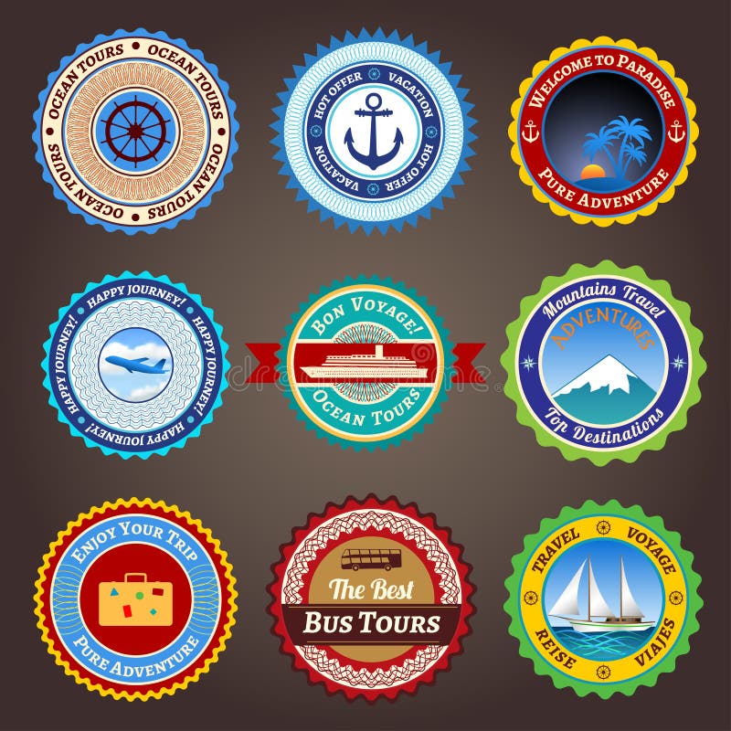 Travel Labels, Badges and Stickers Stock Vector Illustration of green