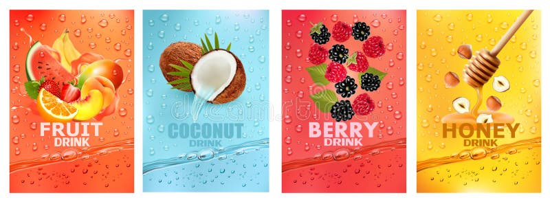Set of labels with fruit and berry  drink. Fresh fruits juice splashing together- watermelon royalty free illustration