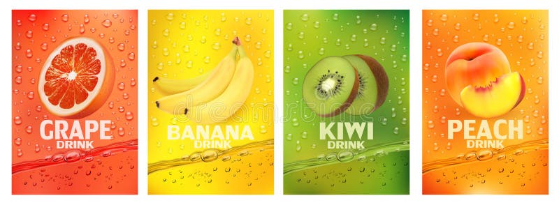 Set of labels with fruit drink.Fresh fruits juice splashing together- banana, kiwi, peach, grapefruit vector illustration