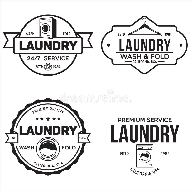 Set of labels or logos for laundry service. Vector emblems and design elements. Laundry logo and household wash templates and badges. Vector illustration. Set of labels or logos for laundry service. Vector emblems and design elements. Laundry logo and household wash templates and badges. Vector illustration