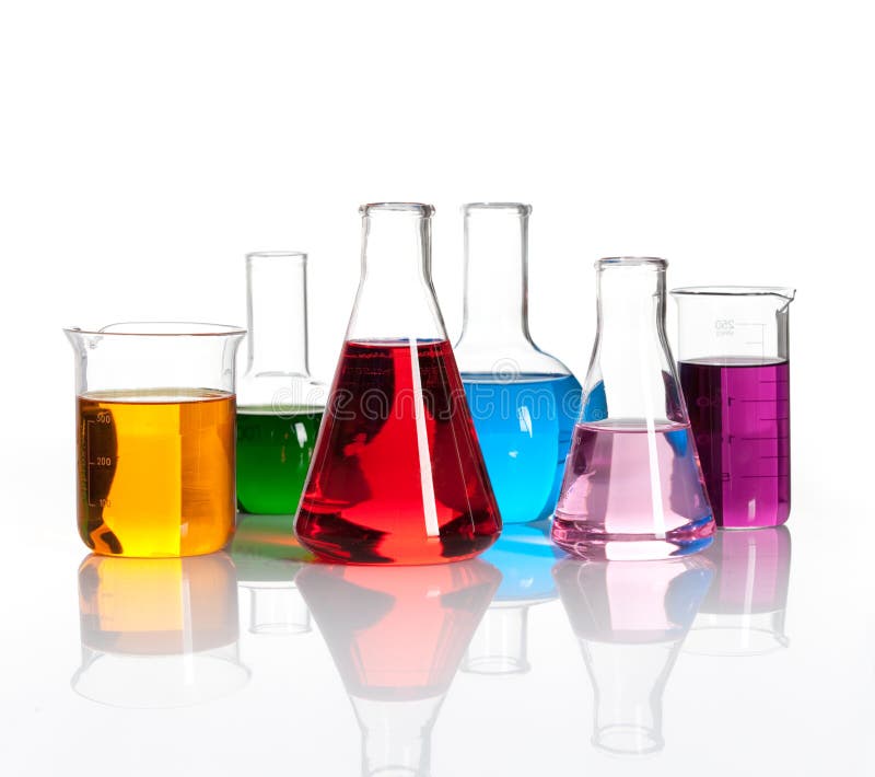 Set of laboratory flasks with a colored reagents,. Set of laboratory flasks with a colored reagents,