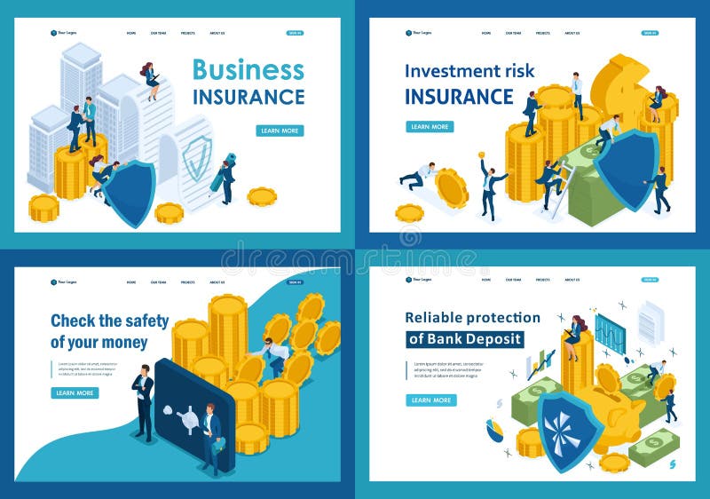 Set of landing pages in isometric concept of protecting money and securities from theft royalty free illustration