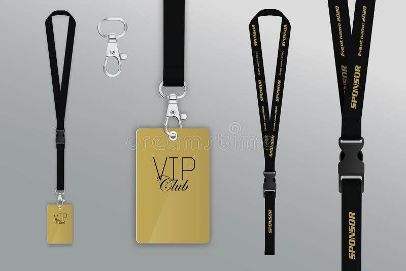 Set of lanyard and badge. Design example vip pass. Badge credit