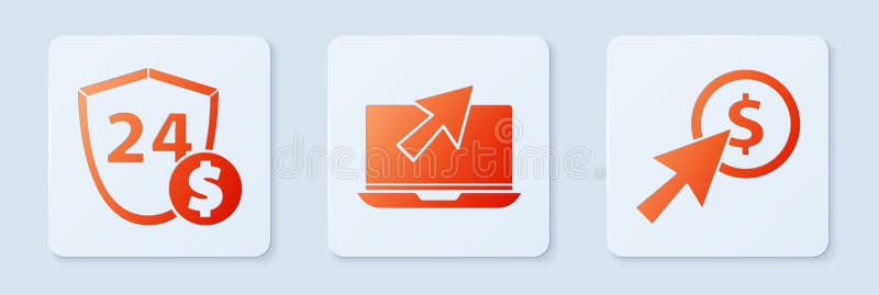Set Laptop and cursor, Shield with dollar and Cursor and coin. White square button. Vector royalty free illustration