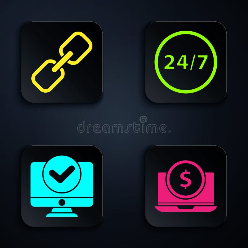 Set Laptop with dollar, Chain link, Computer monitor and Clock 24 hours. Black square button. Vector. stock illustration