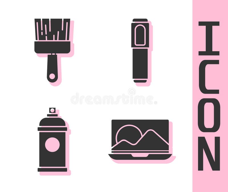 Set Laptop, Paint Brush, Paint Spray Can and Marker Pen Icon. Vector Stock Vector Illustration