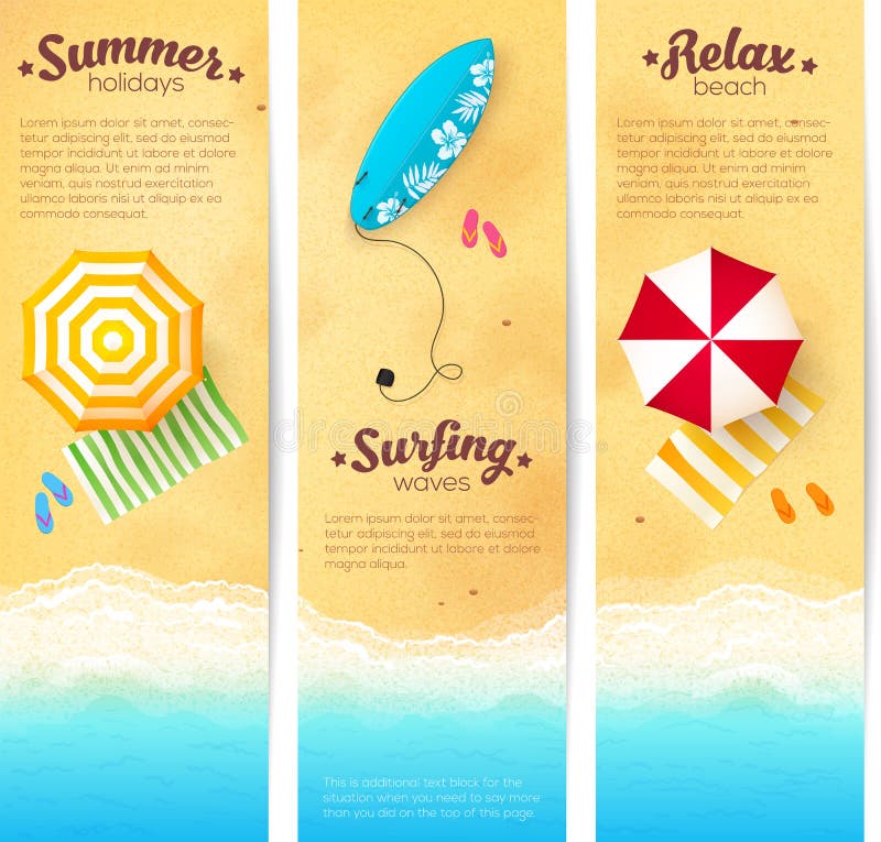Set lato podróży sztandary z plażowymi parasolami ilustracja wektor