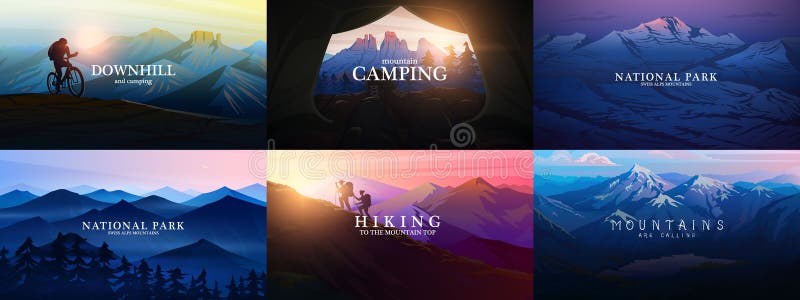 Set of layered mountains for poster. Dark blue landscape and sunset. Hiking and camping concept. Fog in a Swiss valley royalty free illustration Set of layered mountains for poster. Dark blue landscape and sunset. Hiking and camping concept. Fog in a Swiss valley royalty free illustration