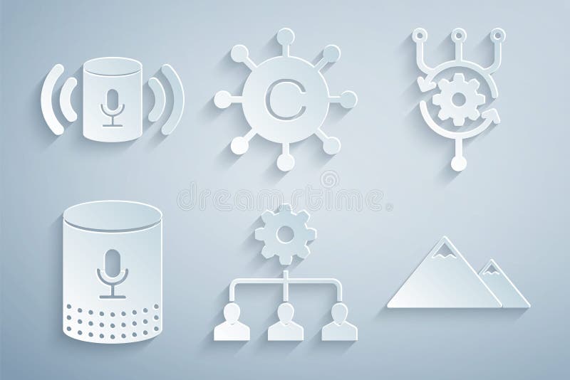 Set Lead Management Algorithmus Sprach-Assistent Berge Copywriting Netzwerk und Icon. Vektor stock abbildung