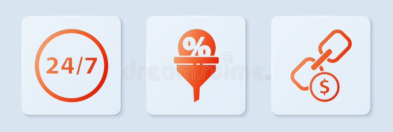 Set Lead management, Clock 24 hours and Chain link and coin. White square button. Vector stock illustration