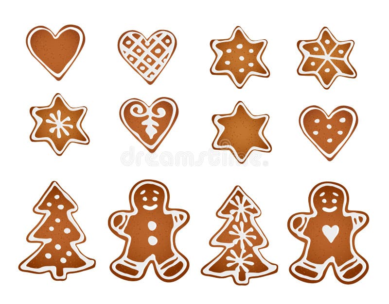 Set Lebkuchenplätzchen Dekorativer Lebkuchenmann, Sterne, Herzen und Weihnachtsbaum mit Zuckerglasur auf weißem Hintergrund vekto
